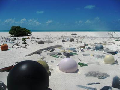Stranded plastic waste is found on a beach