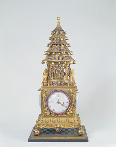 Gilt bronze clock in the form of a five-tiered pagoda with an elevating mechanism