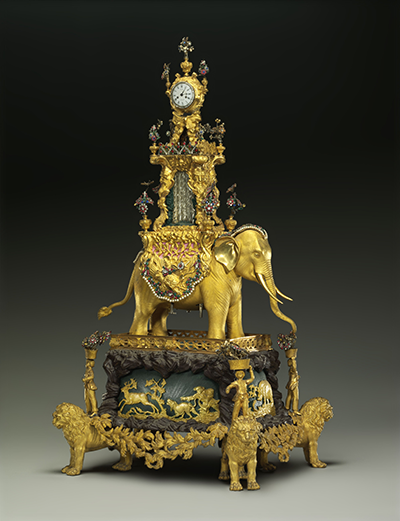 Gilt bronze elephant carrying a watch with a water automaton