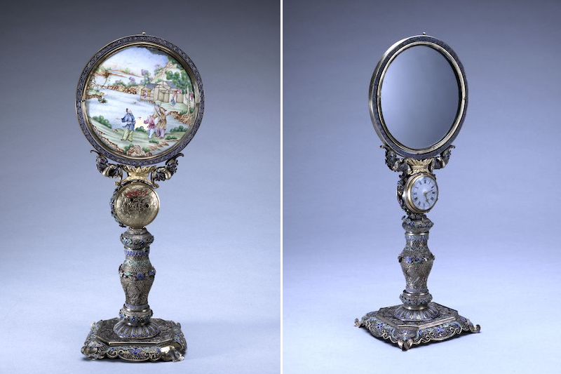 Mirrors with inset watches and holders decorated with silver wire and cloisonné enamel