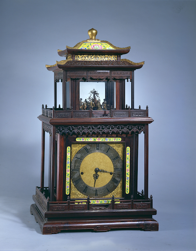Zitan wood clock in the form of a pavilion with enamel inlays and rotating automaton figures of the Eight Immortals