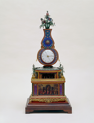 Gilt bronze and enamel gourd-shaped clock with a water automaton and text-changing effect